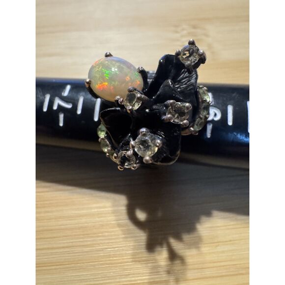 Citrine Opal Rhodium Plated Black Ring Size 8.5 - Picture 1 of 5